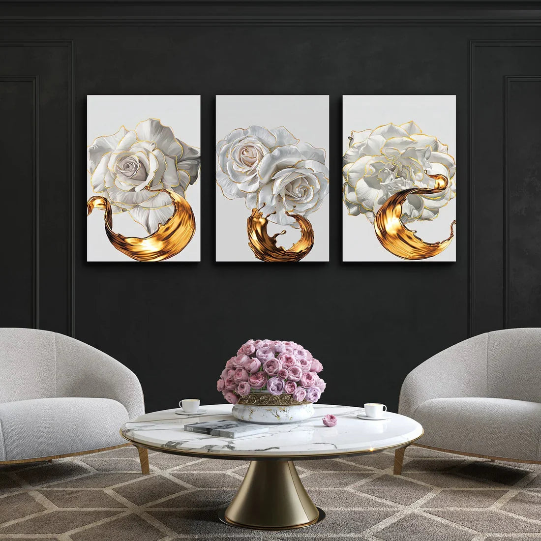 PALC-27 LETO White Rose With Golden Edge Modern Acrylic Wall Art 2