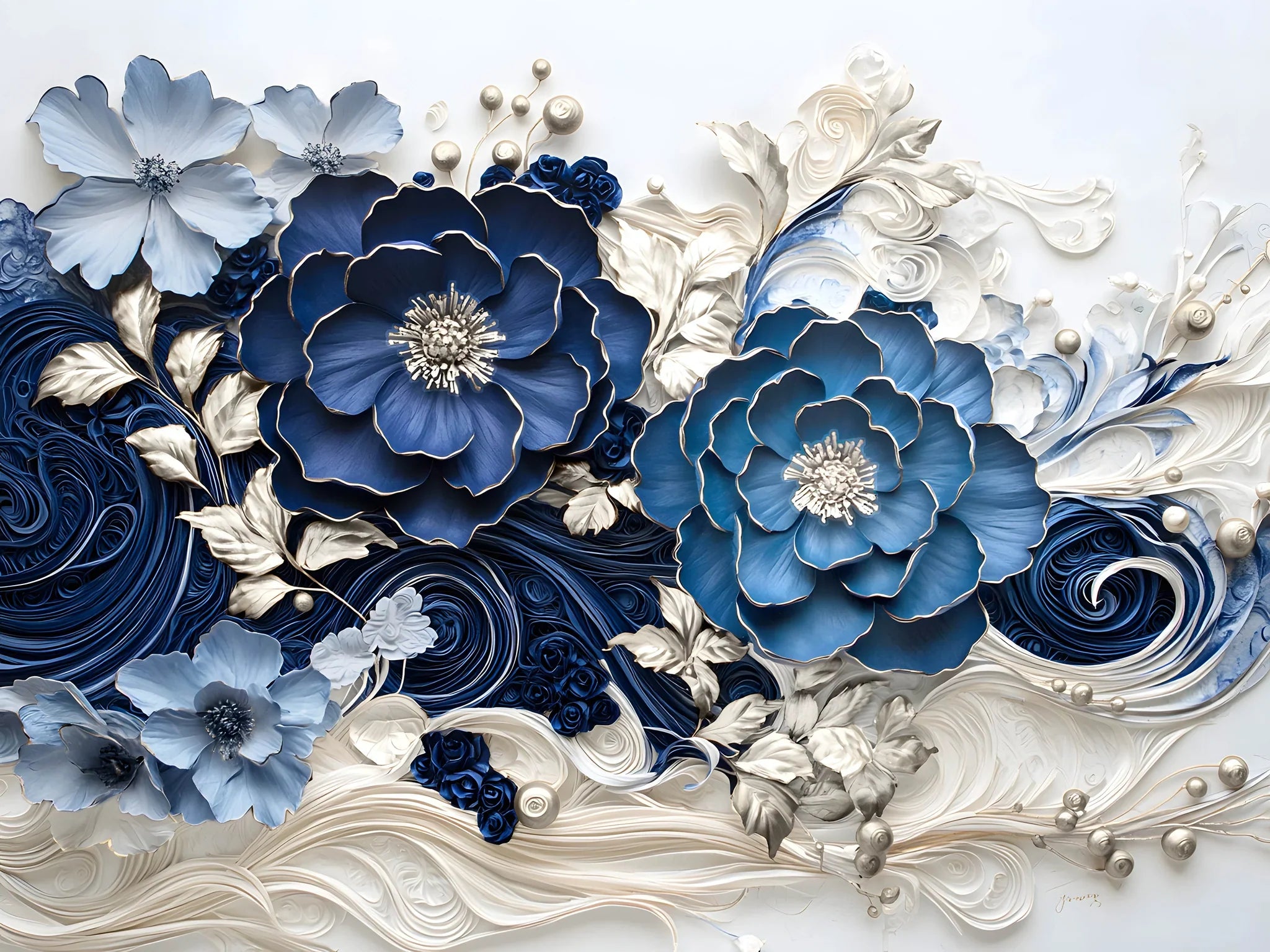 Blue Silver Flower Glass Wall Art