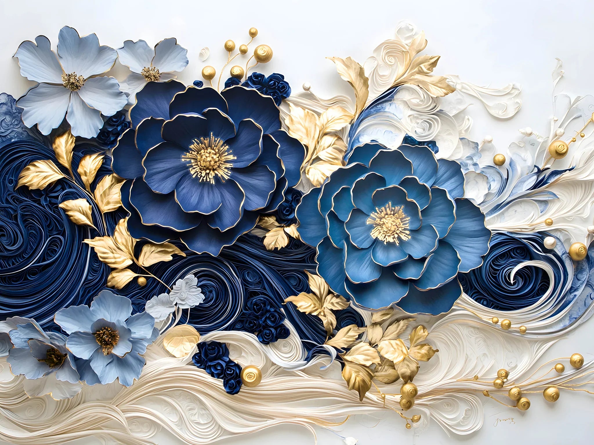 Blue Gold Flower Glass Wall Art