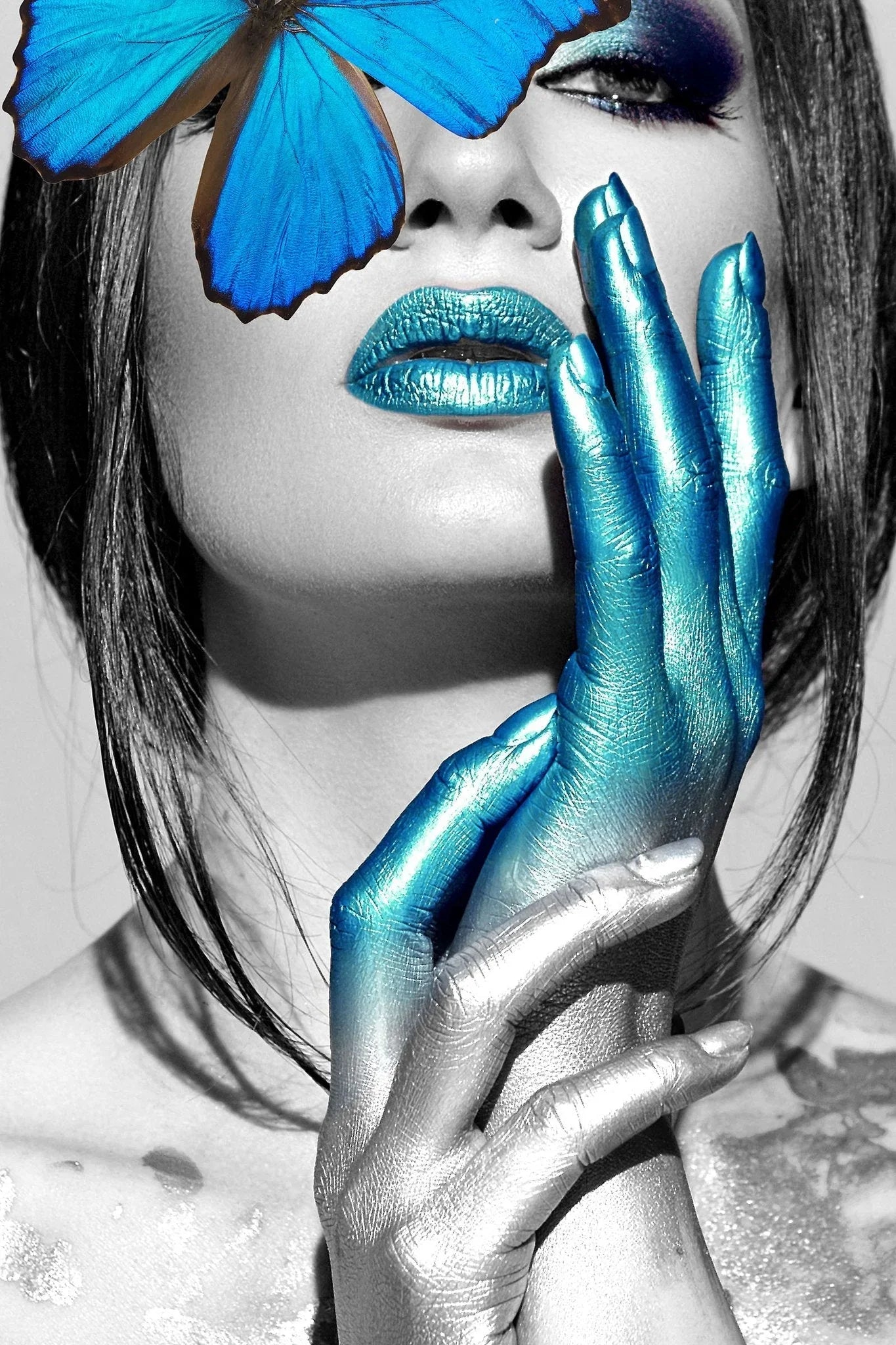 Blue Butterfly on Woman Glass Wall