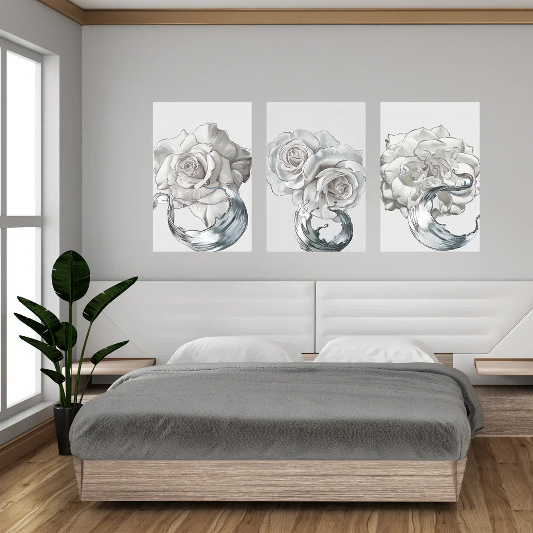 SULC-27 LETO White Rose With Silver Edge Modern Wall Art TG 1