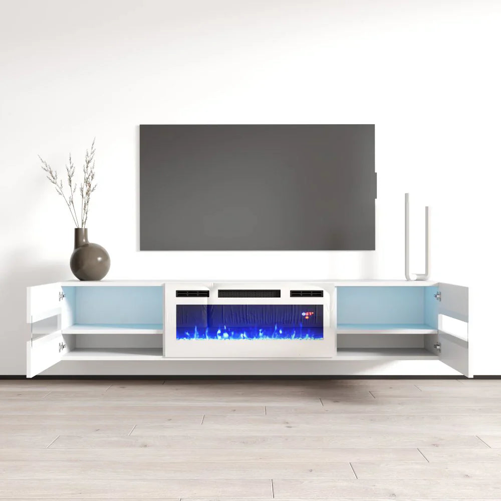 Floating Metro TV102-243 White LED with fireplace
