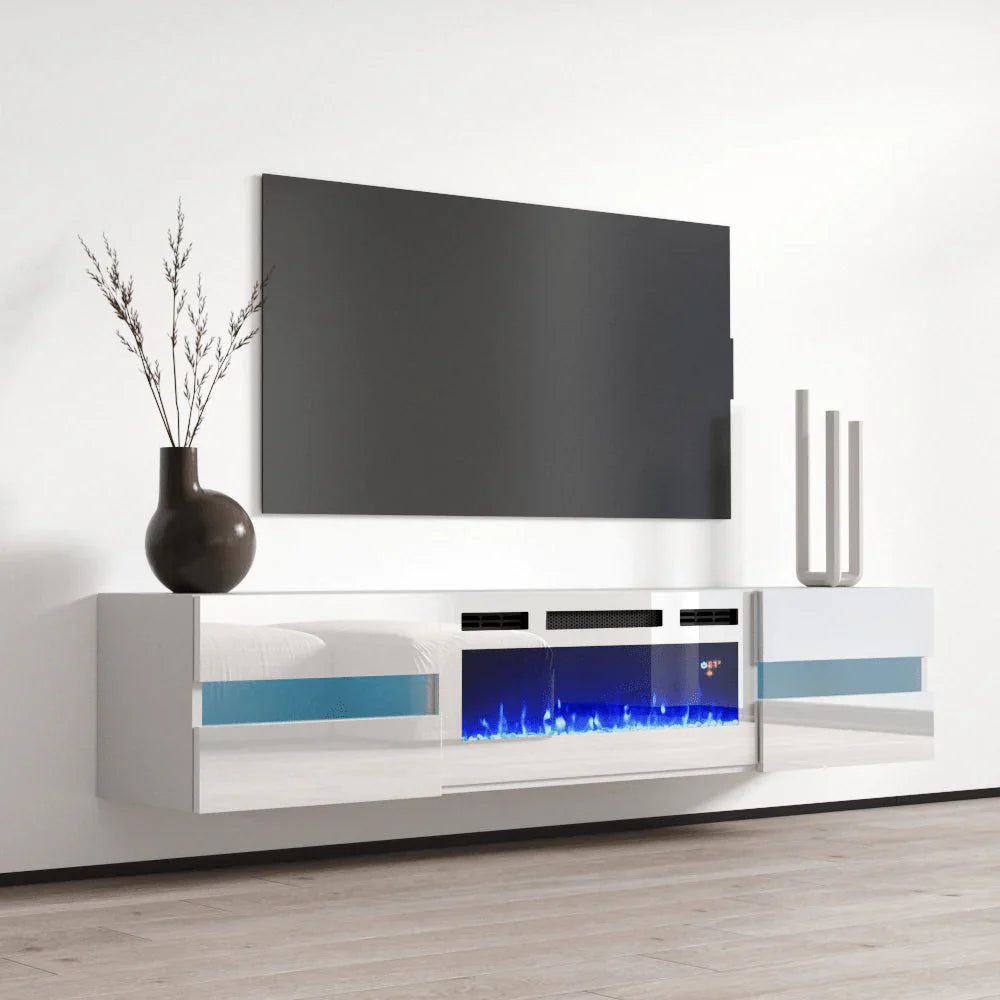Floating Metro TV102-243 White LED with fireplace